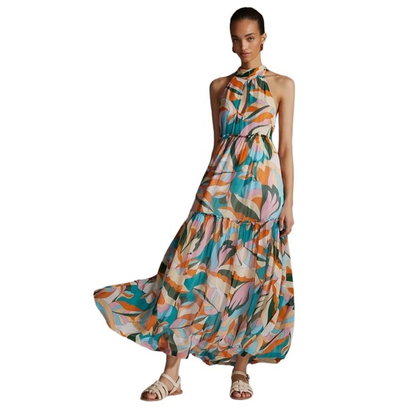Maeve Dresses & Skirts - Anthropologie Maeve Tiered Keyhole Maxi‎ Dress Green Blue Abstract Floral Size M